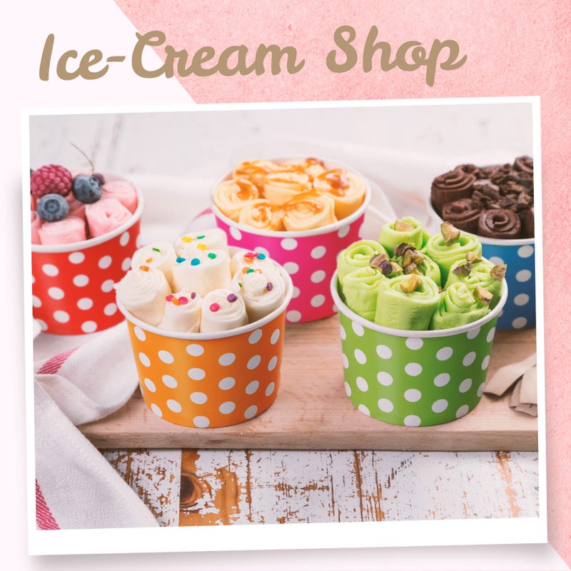 MATICAN Paper Ice Cream Cups - 100-Count 9-Oz Disposable Dessert Bowls for Hot or Cold Food, 9-Ounce Party Supplies Treat Cups for Sundae, Frozen Yogurt, Soup, 5 Colors, Polka Dots - Image 3
