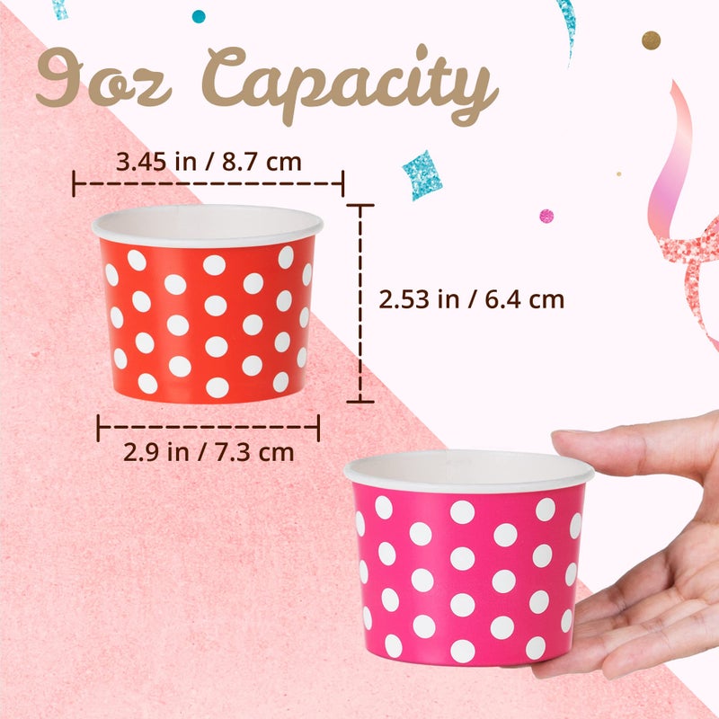 MATICAN Paper Ice Cream Cups - 100-Count 9-Oz Disposable Dessert Bowls for Hot or Cold Food, 9-Ounce Party Supplies Treat Cups for Sundae, Frozen Yogurt, Soup, 5 Colors, Polka Dots - Image 4