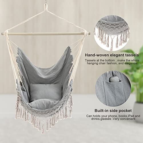 YAERSI Hammock Chair, Hanging Rope Swing Seat with 2 Cushions,Macrame Hanging Chair Side Pocket with High Load-Bearing Metal Rod,for Indoor, Outdoor, Extra Comfortable - Image 5