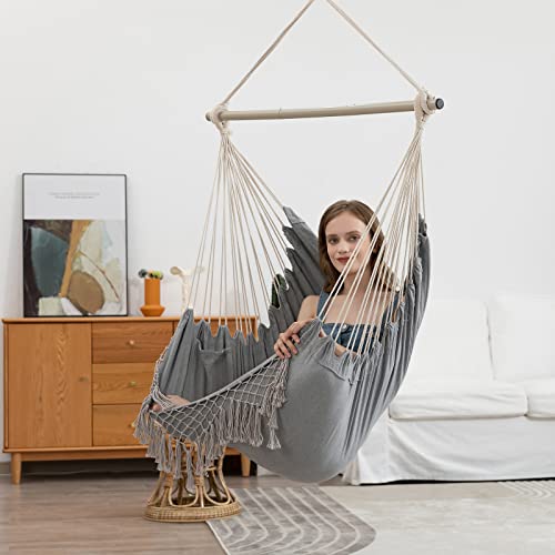 YAERSI Hammock Chair, Hanging Rope Swing Seat with 2 Cushions,Macrame Hanging Chair Side Pocket with High Load-Bearing Metal Rod,for Indoor, Outdoor, Extra Comfortable - Image 3