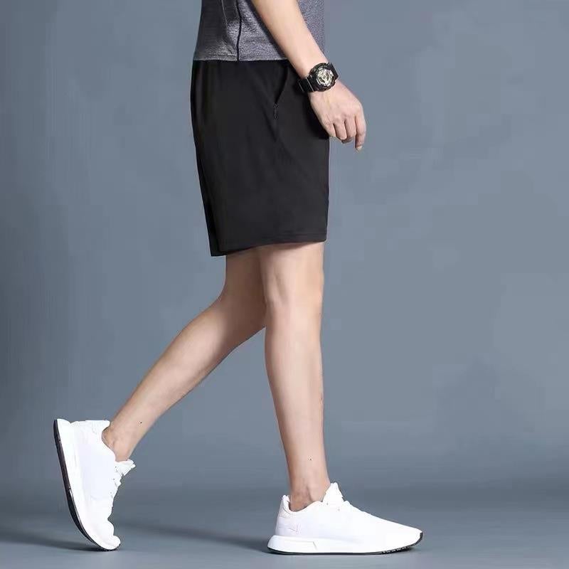 Sports Shorts Mens Casual Quick-Drying Running Ice Silk Basketball Pants Summer Thin Beach Football Loose Five-Point Pants Trendy Pure black  - Image 1