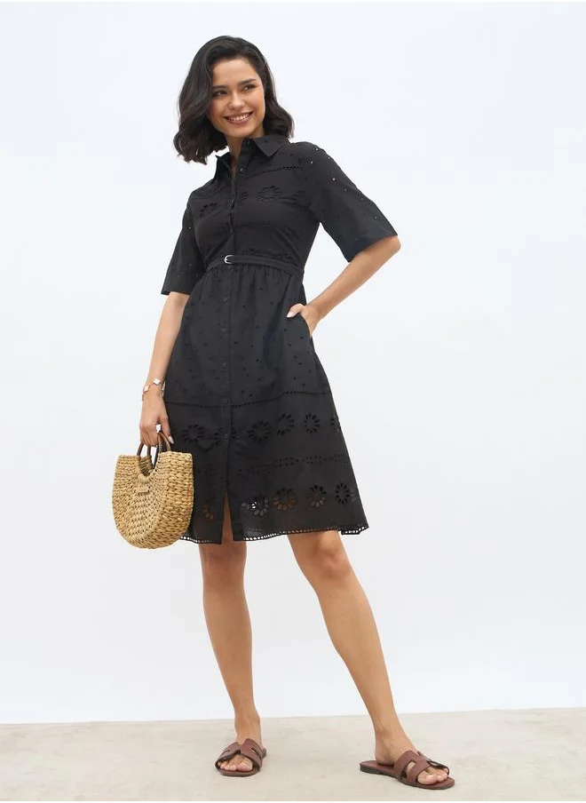 ستايلي Styli Schiffli Embroidered Shirt Collar Mini Dress