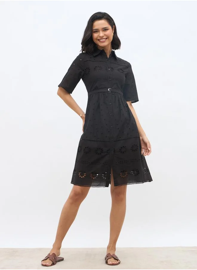 ستايلي Styli Schiffli Embroidered Shirt Collar Mini Dress