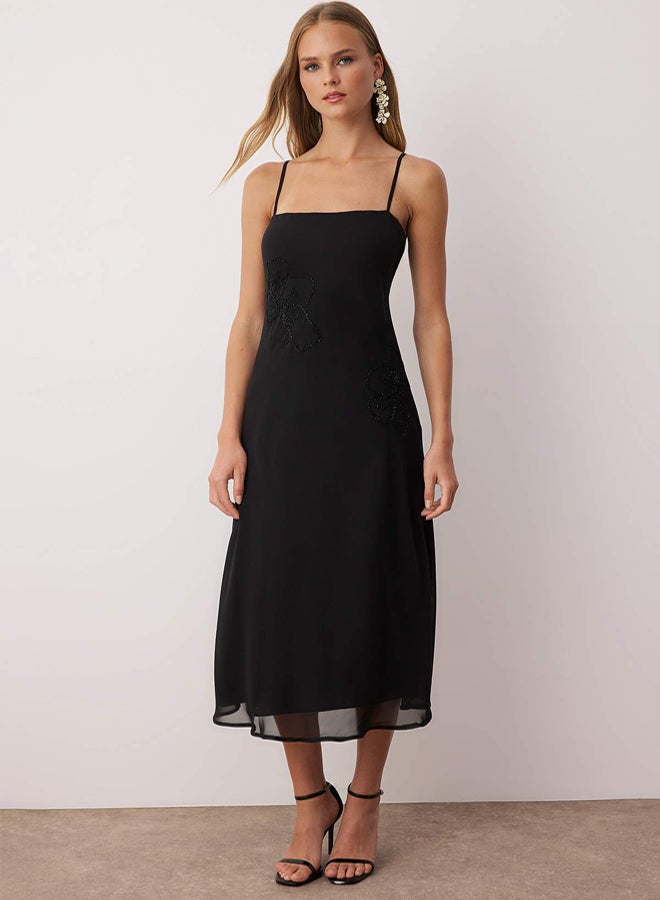 trendyol Black Stone Bead Detail Chiffon Lined Midi Dress - Image 1