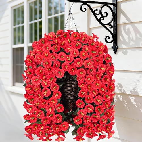 HyeFlora Artificial Fake Red Hanging Flowers Plants Baskets for Outdoor Winter Christmas Faux Silk UV Resistant Look Real Morning Glory Vines for Outside Porch Patio Balcony Garden Yard Home Decor - Image 1