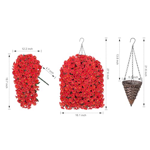 HyeFlora Artificial Fake Red Hanging Flowers Plants Baskets for Outdoor Winter Christmas Faux Silk UV Resistant Look Real Morning Glory Vines for Outside Porch Patio Balcony Garden Yard Home Decor - Image 3