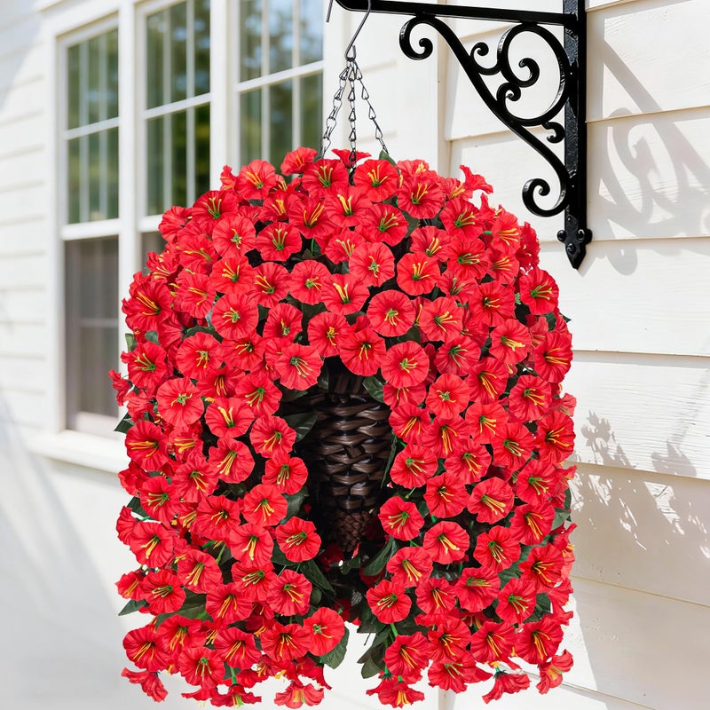HyeFlora Artificial Fake Red Hanging Flowers Plants Baskets for Outdoor Winter Christmas Faux Silk UV Resistant Look Real Morning Glory Vines for Outside Porch Patio Balcony Garden Yard Home Decor - Image 2