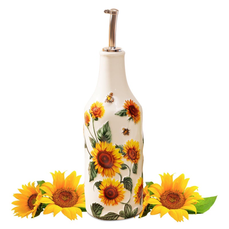 XRBEOU Sunflower Olive Oil Dispenser Bottle 18 Oz Ceramic Oil and Vinegar Container for Kitchen with Stainless Steel Spout Cooking Holder Cruet for Vinegar Coffee Syrups Sunflower Kitchen Decor - Image 2
