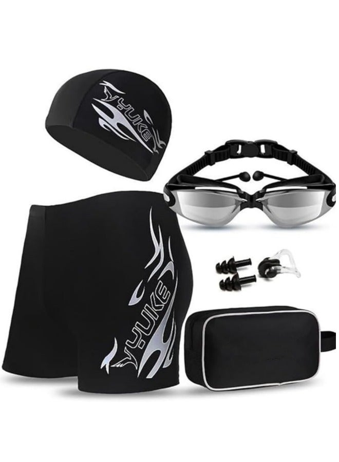 Generic Swimming Suit Set,Men's Swimming Trunks Swimming Cap Set,Sport Boxer Swimwear,Beach Elastic Shorts,Includes Swimming Trunks+Swimming Goggles+Swimming Cap+Handbag+Earplugs+Nose clip, Black - Image 1