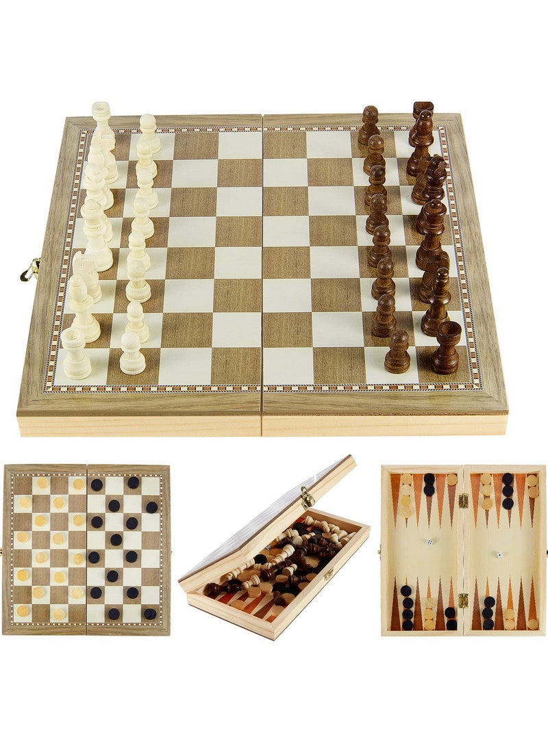 SYOSI - Wooden Chess Set, 3-in-1 Folding Portable Chess Board Game Set and Checkers Backgammon, Interior Storage Travel Chess Set for Adults Teens, 11.8inche - Image 1