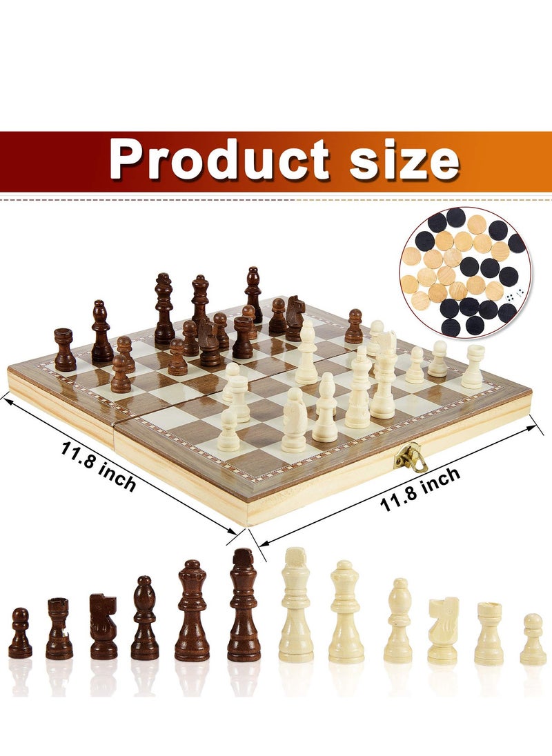 SYOSI - Wooden Chess Set, 3-in-1 Folding Portable Chess Board Game Set and Checkers Backgammon, Interior Storage Travel Chess Set for Adults Teens, 11.8inche - Image 1