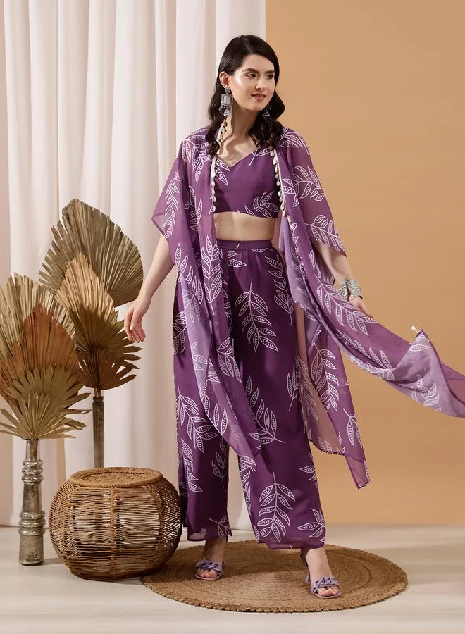 STREET 9 طقم بلوزة قصيرة بطبعات زهور مع شال وبنطلون بالازو من ستريت