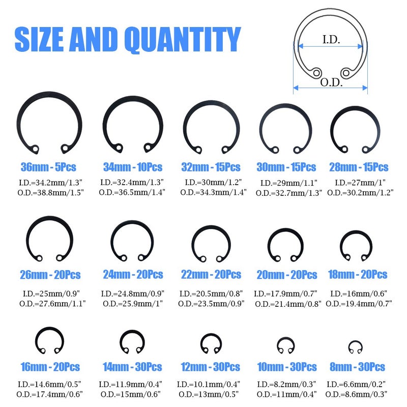 Glarks 300Pcs 15 Size Metric Internal Circlips Snap Retaining Ring Assortment Kit, Black Alloy Steel - Image 2