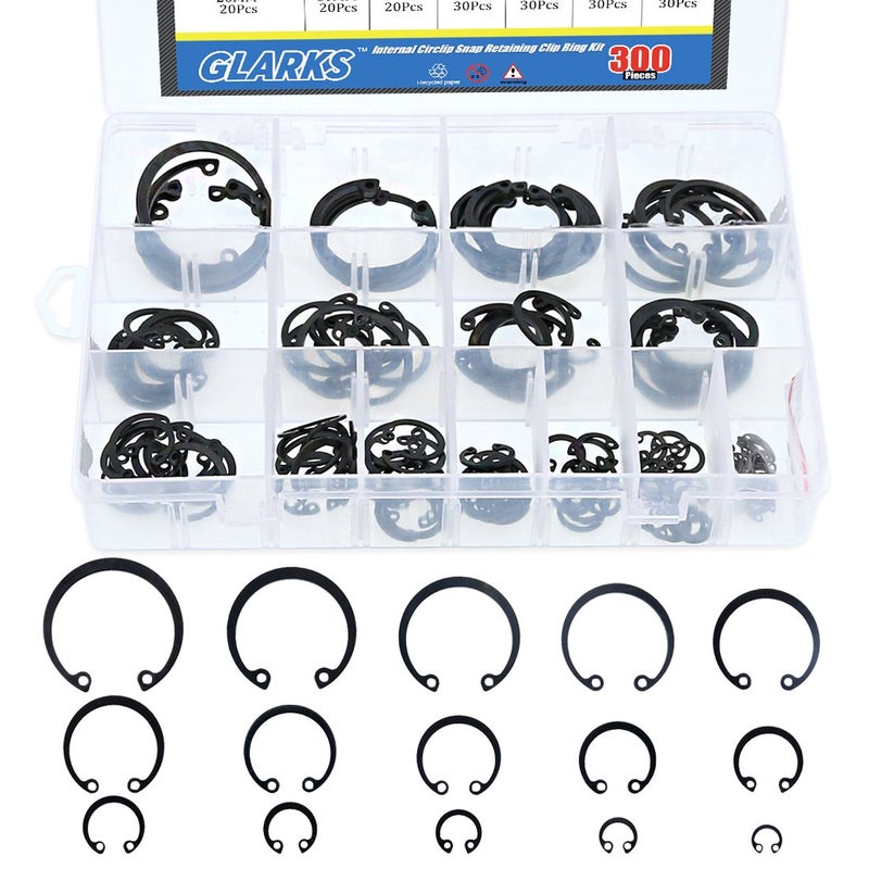 Glarks 300Pcs 15 Size Metric Internal Circlips Snap Retaining Ring Assortment Kit, Black Alloy Steel - Image 1