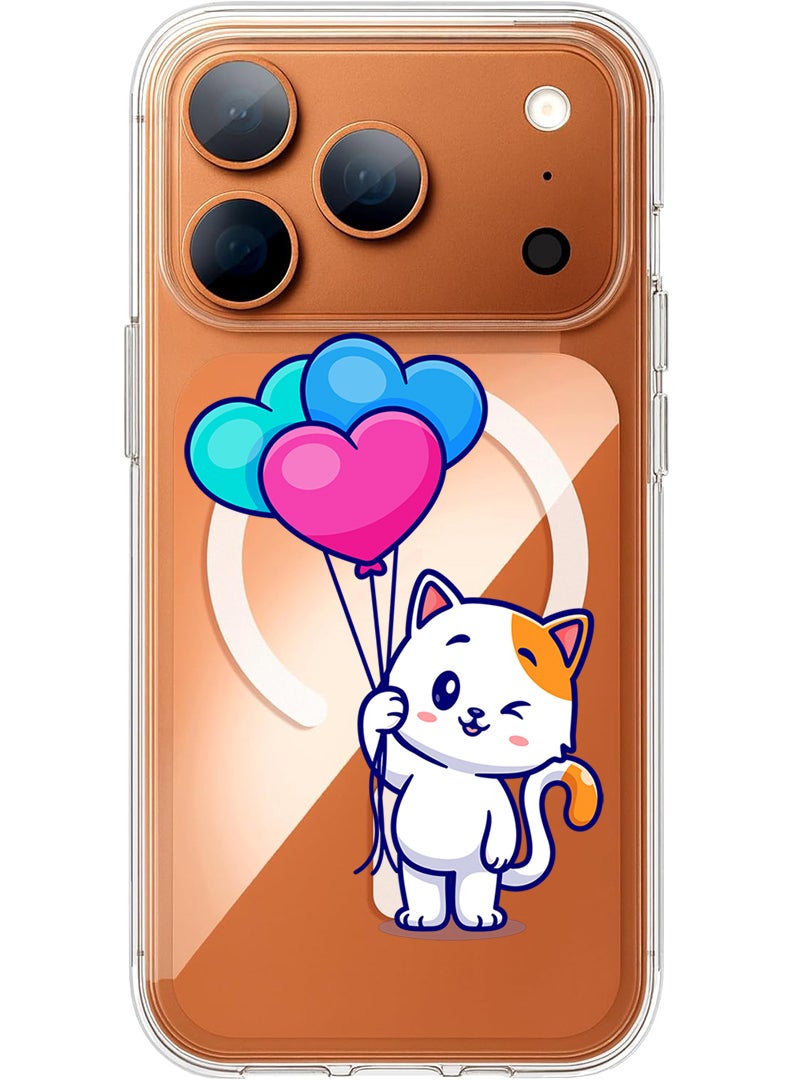 Theodor Magnetic Case for Apple iPhone 17 Pro Max Compatible with MagSafe Wireless Charging, Shockproof Phone Bumper Cover - Cat holding Baloons - Image 1
