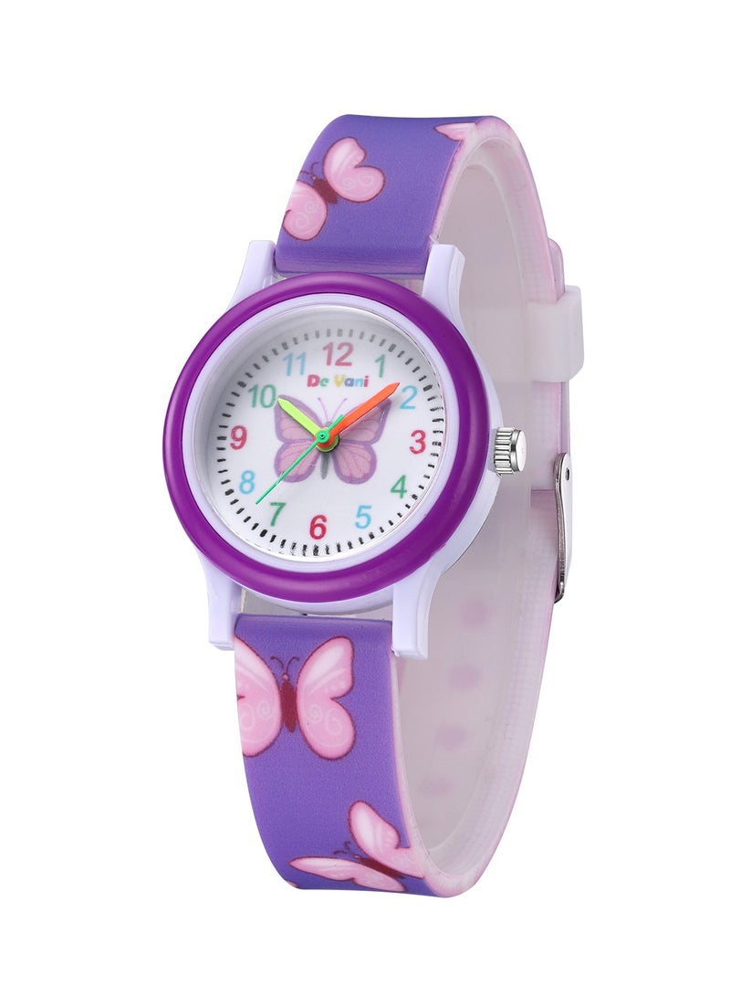دي فاني ساعة يد للبنات لون بنفسجي تصميم الفراشة شريط الساعة مطاطي - Image 1