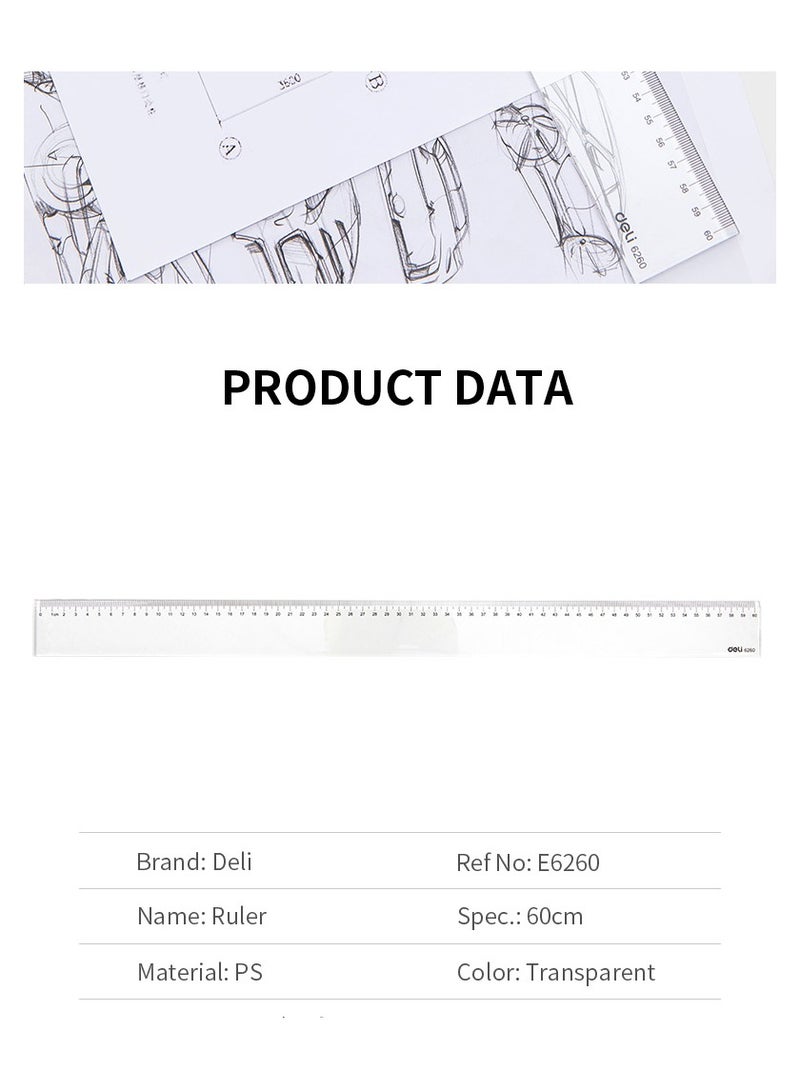 ديلي مسطرة E6260 بطول 60 سم شفافة – قطعة واحدة – مثالية للرسم الهندسي والتقني - Image 2
