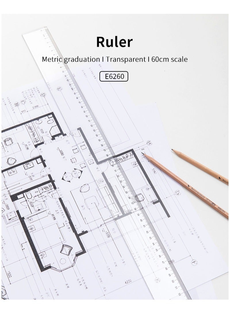 ديلي مسطرة E6260 بطول 60 سم شفافة – قطعة واحدة – مثالية للرسم الهندسي والتقني - Image 1