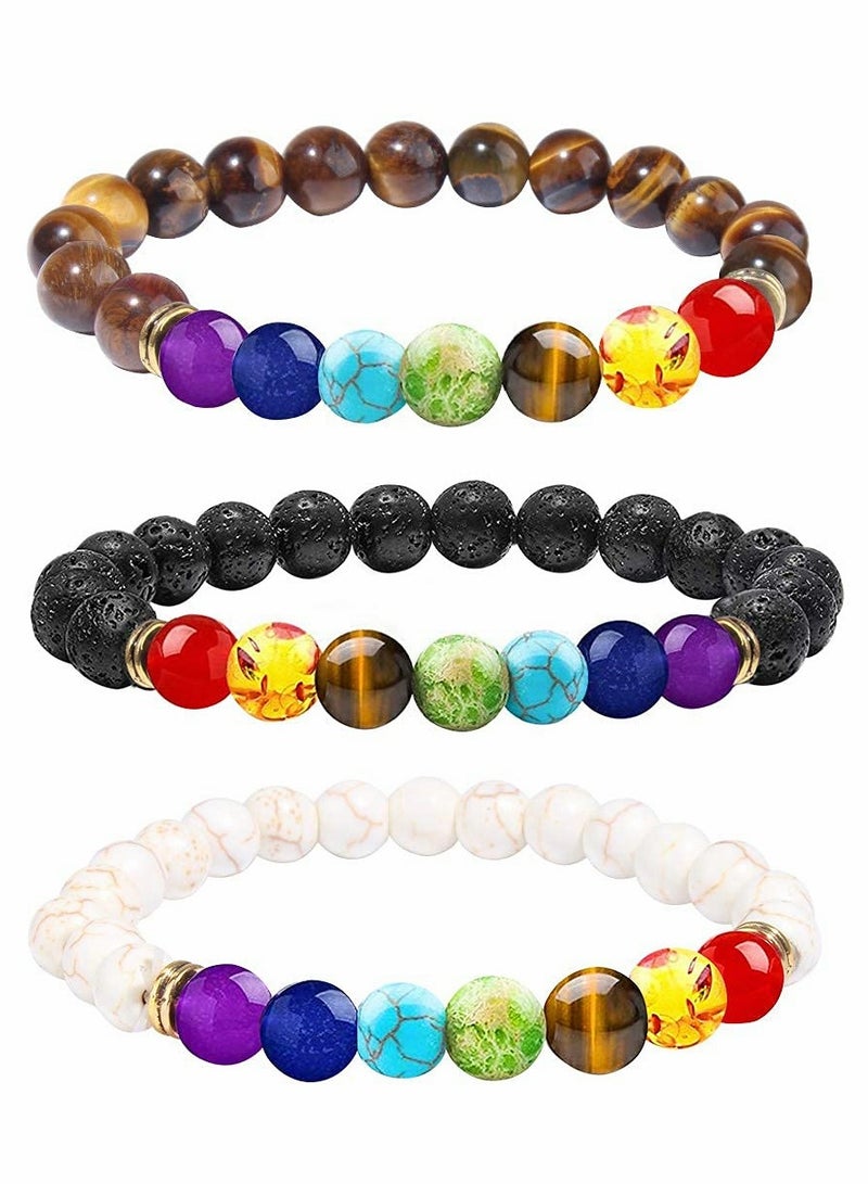 Set of 3 Chakra Bracelets for Women with Lava Rock and 7 Healing Crystals 8mm Beaded Yoga Essential Oil Diffuser  - Image 1