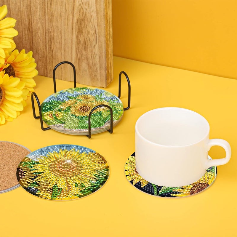 AzsVbvs 8 Pieces Diamond Painting Coasters Kit with Holder, Diamond Art Coasters, DIY Diamond Art Crafts Projects, Diamond Dot Kits for Adults and Beginners (Sunflowers) - Image 3