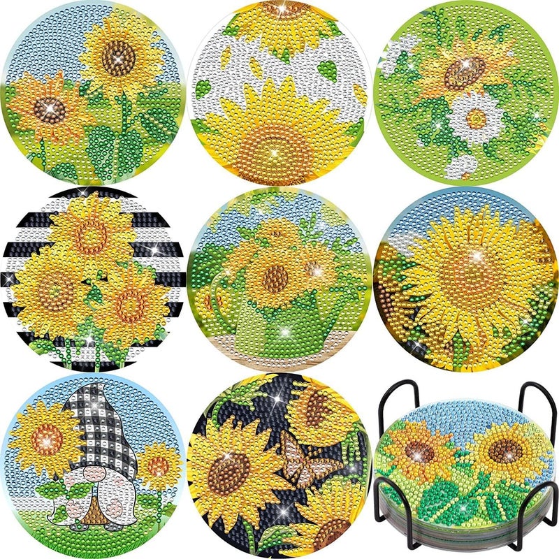 AzsVbvs 8 Pieces Diamond Painting Coasters Kit with Holder, Diamond Art Coasters, DIY Diamond Art Crafts Projects, Diamond Dot Kits for Adults and Beginners (Sunflowers) - Image 1