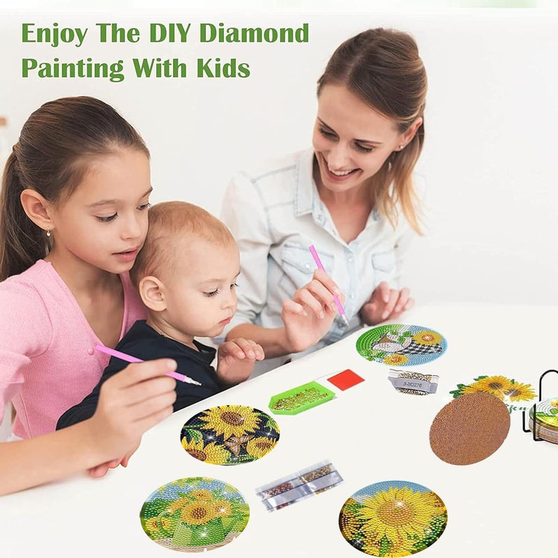 AzsVbvs 8 Pieces Diamond Painting Coasters Kit with Holder, Diamond Art Coasters, DIY Diamond Art Crafts Projects, Diamond Dot Kits for Adults and Beginners (Sunflowers) - Image 4