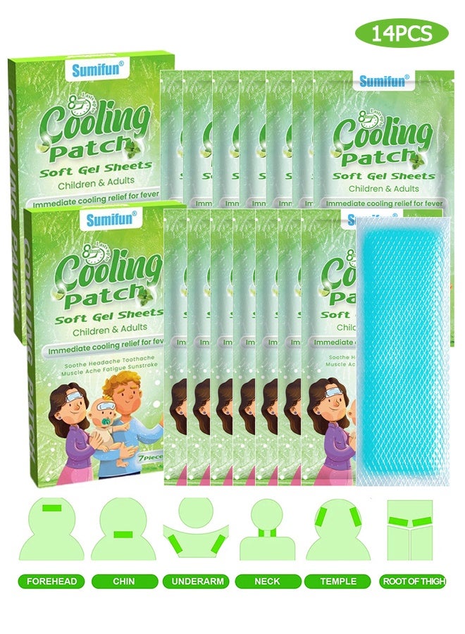 سوميفون عبوتان (14 قطعة) لصقة تبريد - لصقة تبريد للحمى، تخفيف طبيعي للصداع والصداع النصفي، شريحة هلامية ناعمة، لصقة حمى للأطفال، للتوتر/التهاب الجيوب الأنفية، منع الصداع - Image 1
