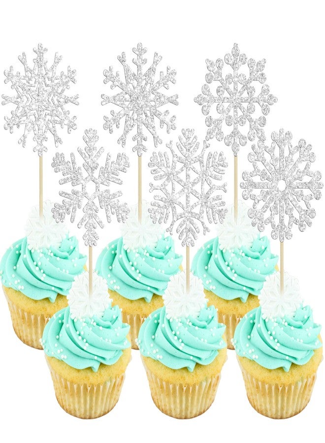 Ephlyn 24Pcs Snowflake Cupcake Toppers Silver Glitter Winter Snowflake Cupcake Picks Frozen Cake Toppers for Baby Shower Kids Birthday Christmas Party Cake Decorations Supplies - Image 2