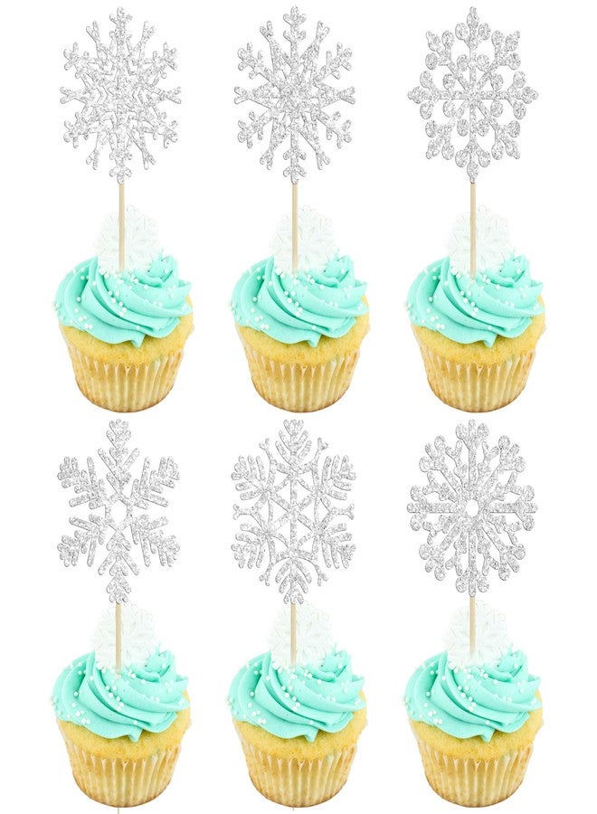 Ephlyn 24Pcs Snowflake Cupcake Toppers Silver Glitter Winter Snowflake Cupcake Picks Frozen Cake Toppers for Baby Shower Kids Birthday Christmas Party Cake Decorations Supplies - Image 1