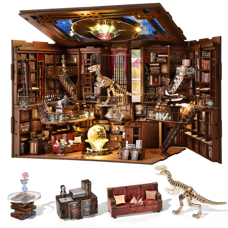 CCCDF DIY Book Nook Kit, Miniature Dollhouse Booknook Kit, 3D Wooden Puzzle Bookend Bookshelf Insert Decor with LED Light for Teens and Adults (Beyond Library Max) - Image 1