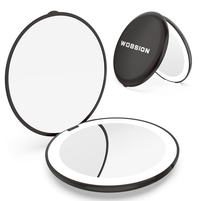 TRAVEL COMPACT MIRRORPORTABLE 1X10X LED MAKEUP MIRROR WITH MAGNIFICATIONHANDHELD 2SIDED POCKET MIRROR 35IN SMALL MIRROR FOR PURSEHANDBAGGIFTBLACK