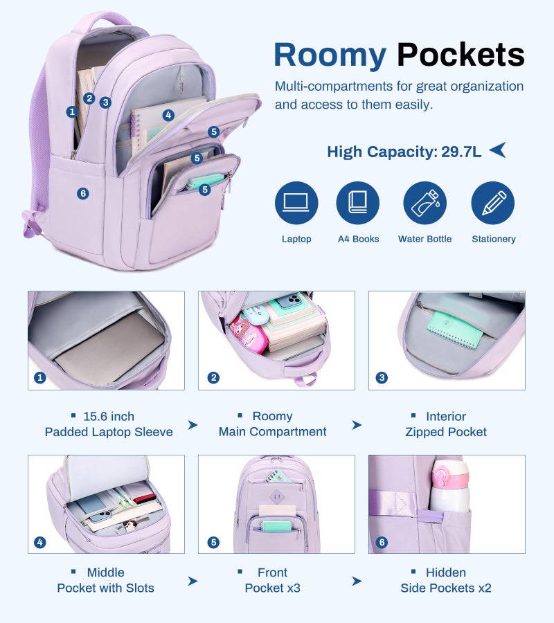 Sisipoet School Backpack for Girls, Lightweight Kids Bookbag Classic College Backpack for Teen Women with Luggage Strap, Age 8-18 Years Old, Purple - Image 4