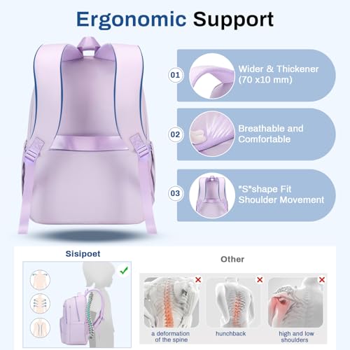 Sisipoet School Backpack for Girls, Lightweight Kids Bookbag Classic College Backpack for Teen Women with Luggage Strap, Age 8-18 Years Old, Purple - Image 5