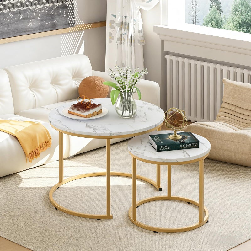 aboxoo Coffee Table Nesting White Set of 2 Side Set Golden Frame Circular Round and Marble Pattern Wooden Tables, Living Room Bedroom Apartment Modern Industrial Simple Nightstand - Image 2