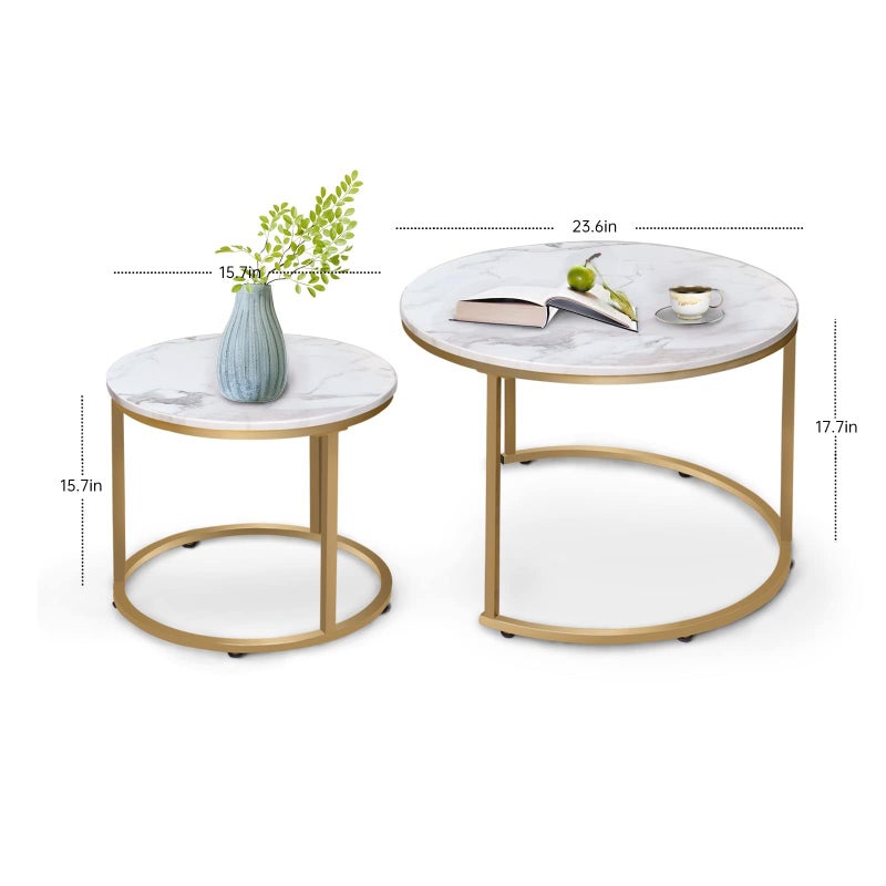 aboxoo Coffee Table Nesting White Set of 2 Side Set Golden Frame Circular Round and Marble Pattern Wooden Tables, Living Room Bedroom Apartment Modern Industrial Simple Nightstand - Image 3