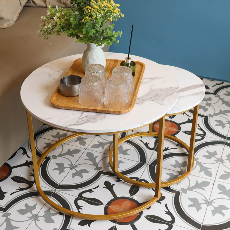 aboxoo Coffee Table Nesting White Set of 2 Side Set Golden Frame Circular Round and Marble Pattern Wooden Tables, Living Room Bedroom Apartment Modern Industrial Simple Nightstand - Image 4