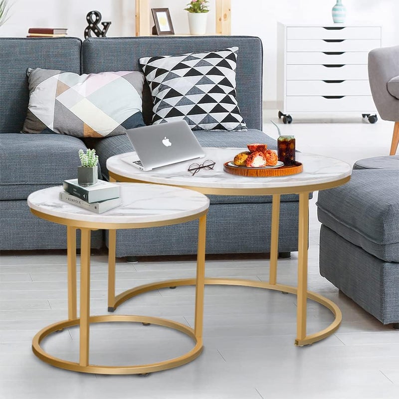 aboxoo Coffee Table Nesting White Set of 2 Side Set Golden Frame Circular Round and Marble Pattern Wooden Tables, Living Room Bedroom Apartment Modern Industrial Simple Nightstand - Image 5