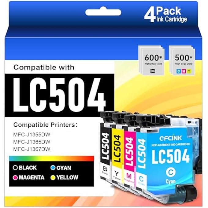 LC504 4-PACK INK CARTRIDGES COMBO PACK REPLACEMENT FOR BROHTER LC 504 504 HIGH YIELD INK CARTRIDGES REPLACEMENT FOR BROHTER INKVESTMENT 1355, 1365, AND 1367 PRINTERS, BLACK CYAN MAGENTA YELLOW - Image 1