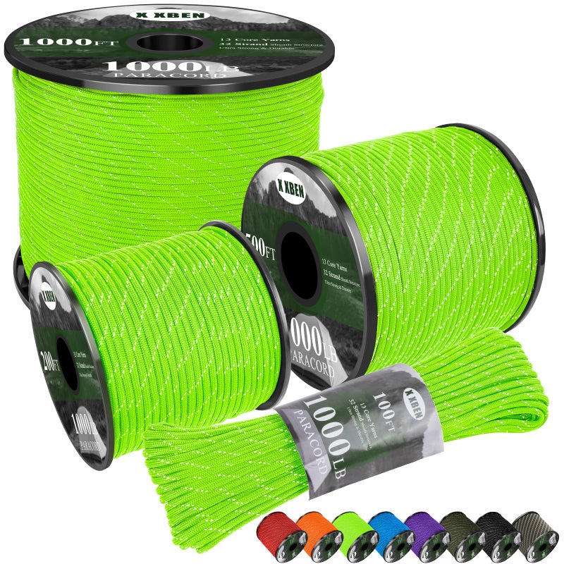 X XBEN Paracord Reflective 1000lb, 50/100/200/500/1000ft 4mm, 13 Strand Parachute Spool Cord, Survival Rope for Camping, Fishing, Hiking, Tent, Clothesline, DIY Crafts & Survival Bracelet, Neon Green - Image 1