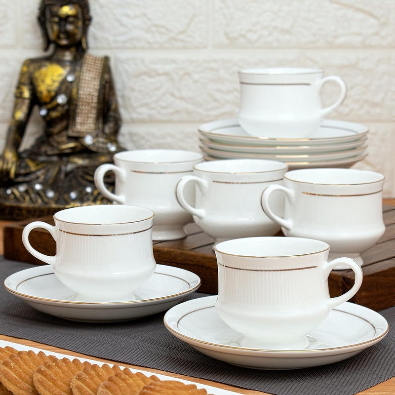Clay Craft Clay Craft Ceramic TeaCoffee MugCup Set with Mona 22K Gold Line Special for Drink Tea Coffee Latte 6Pieces White with Gold Lines 180 ml 6 Piece Cups and 6 Piece Saucer
