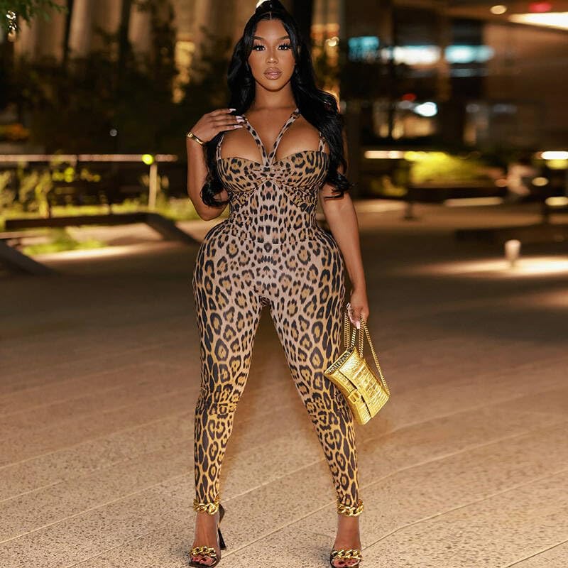 VOIKERDR Womens Jumpsuit Sexy Cheetah Print Jumpsuit for Women Halter Romper Sleeveless Club Outfits - Image 4