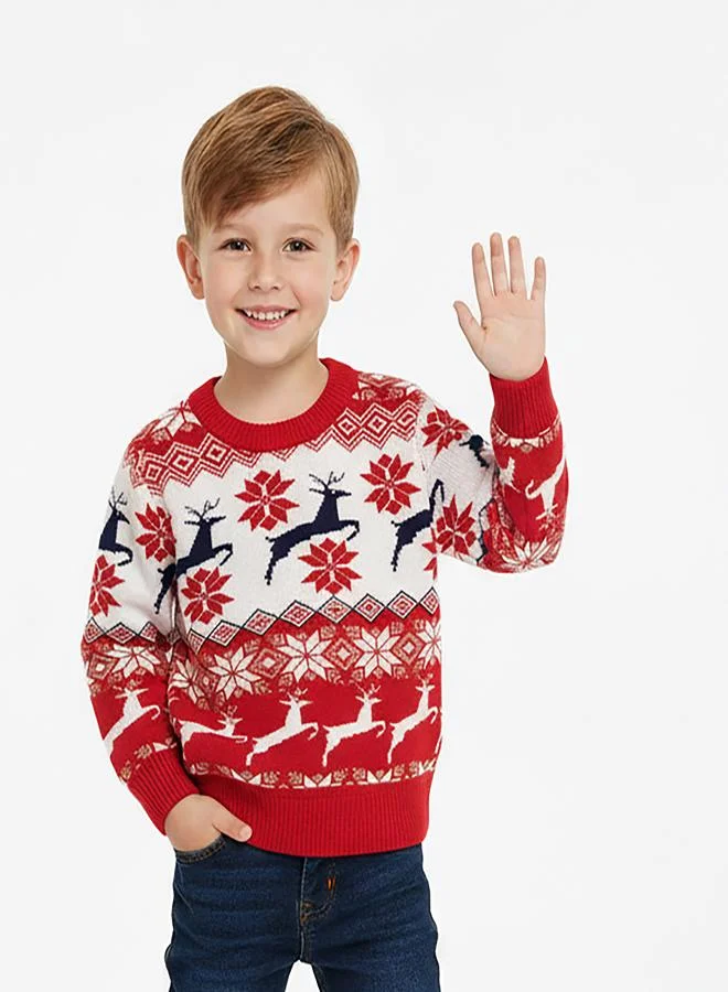 babyqlo Kids Red Reindeer Fair Isle Christmas Sweater