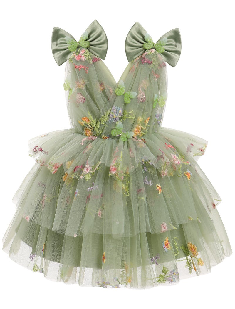 IMEKIS Toddler Girls Butterfly Birthday Dress Rainbow Tulle Formal Wedding Party Ruffle Tutu Dresses Photo Shoot, Sage Green Floral, 2-3 Years - Image 1