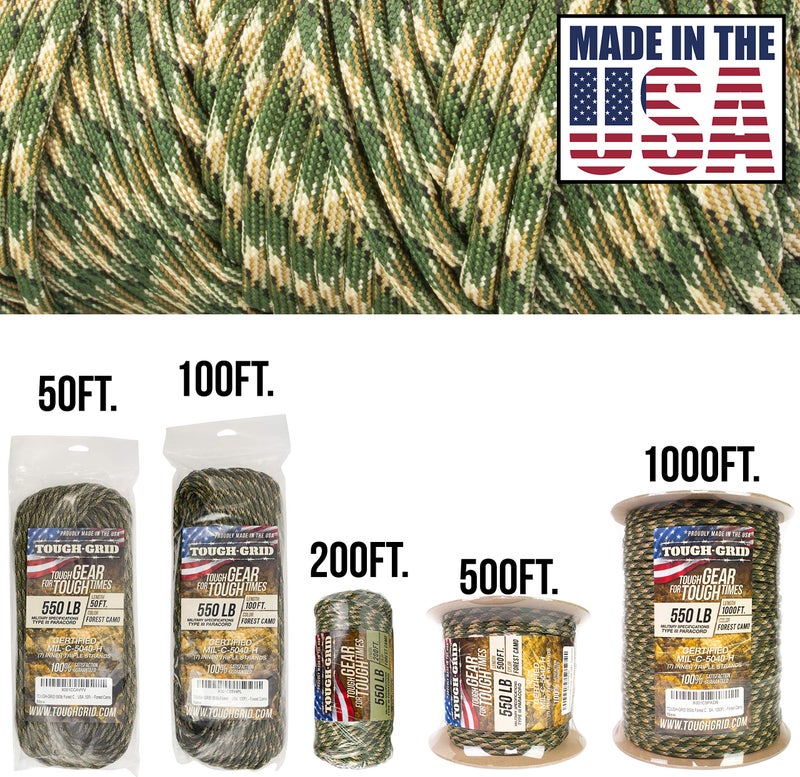TOUGH-GRID Premium 550lb Paracord Rope - Made in USA - 100% Nylon Type III Mil-Spec - UV & Abrasion Resistant - Heavy Duty Strands - Outdoor Survival Rope - Used by US Military - 50ft - Forest Camo - Image 2