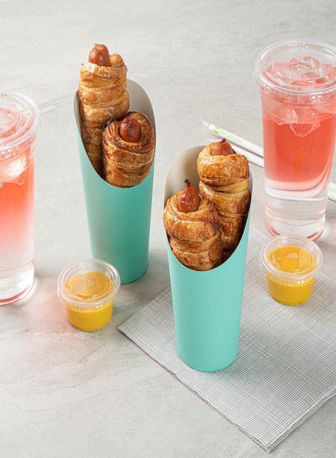 Restaurantware Bio Tek 16 Ounce French Fry Containers 100 Disposable Charcuterie Cups - Incline Design Round Turquoise Paper French Fry Cups Stackable For Waffles Chips or Popcorn - Image 5