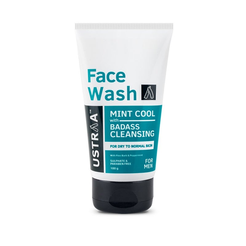 Ustraa Face Wash Mint Cool For Dry to Normal Skin 100g Reduces Moisture Loss Removes Dirt Dead Skin with Pine Bark Peppermint NO SLS NO PARABEN - Image 1