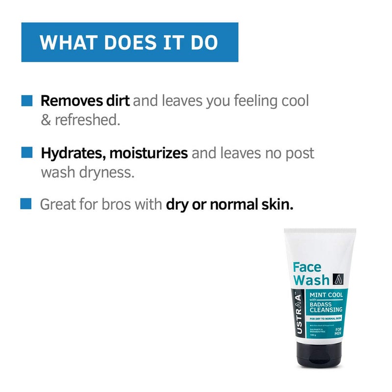 Ustraa Face Wash Mint Cool For Dry to Normal Skin 100g Reduces Moisture Loss Removes Dirt Dead Skin with Pine Bark Peppermint NO SLS NO PARABEN - Image 5