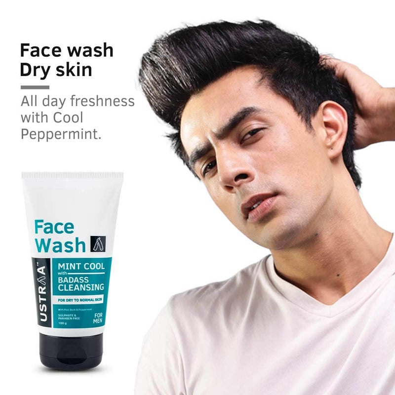 Ustraa Face Wash Mint Cool For Dry to Normal Skin 100g Reduces Moisture Loss Removes Dirt Dead Skin with Pine Bark Peppermint NO SLS NO PARABEN - Image 3