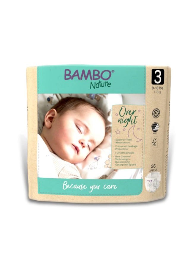 BAMBO NATURE Overnight Nappies, Eco-Friendly Nappies, Enhanced Leakage Protection For Dry Night's Sleep, Secure & Comfortable Overnight Baby Nappies, Ultra Absorption - Size 3 Nappies (4-8kg), 26PK