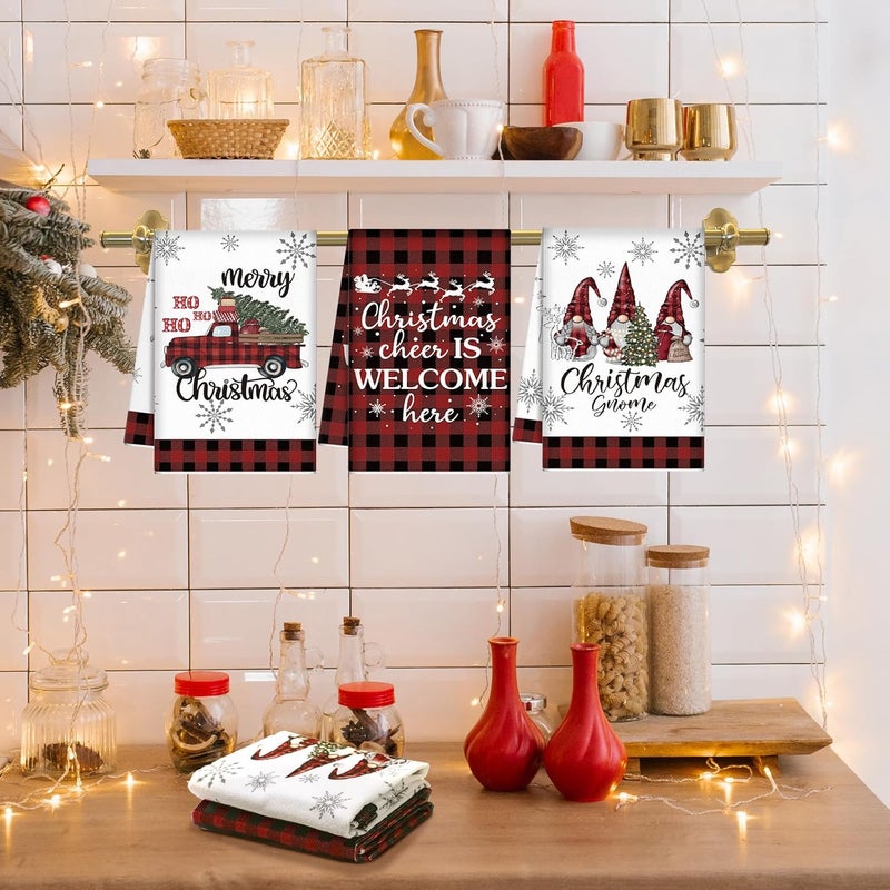 FuWeave 6 Pcs Christmas Kitchen Towels Decorative Buffalo Check Plaid Hand Towels 158 x 236 Inch Absorbent Red Black Dish Towels Xmas Gnome Truck Tea Towels for Winter Kitchen Housewarming Gifts - Image 2